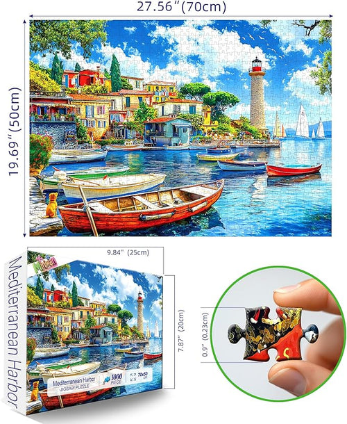 1000 Piece Jigsaw Puzzle for Adults Seaside Harbor Colorful Houses Lighthouse Sailboats Scene Beautiful Mediterranean Sea Landscape Challenging Coastal Village Puzzle for Adults Families27.6 x19.7