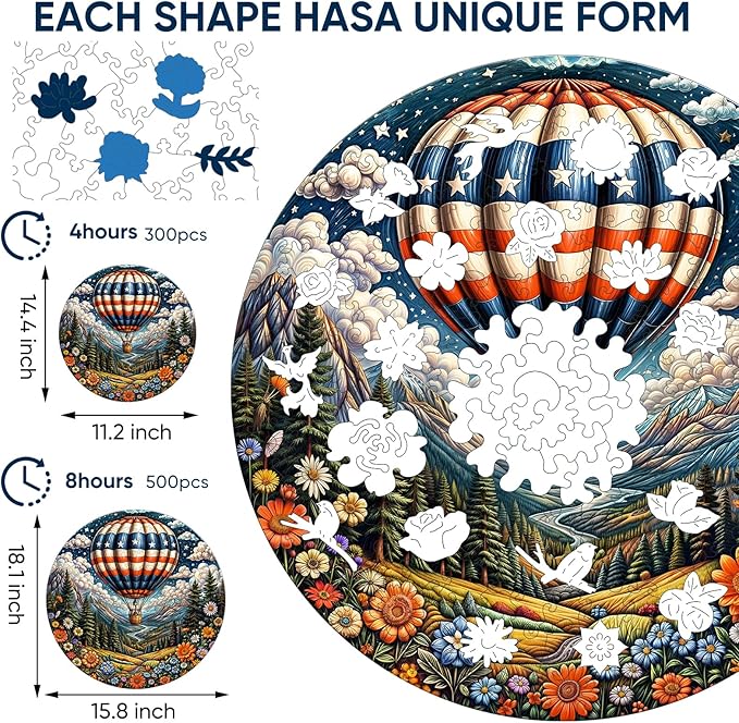 Wooden Puzzles 500 Piece, Hot Air Balloon Jigsaw Puzzles, Medium Unique Shape Animal Adult Puzzles, Irregular Best Gift for Adults and Kids Family Game (15.8x18.1 in)