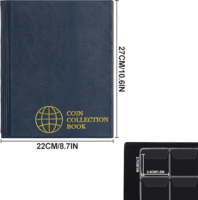350 Pockets Coin Albums - 1.2x1.4 inch Grid Blue Coin Book 10 Pages Coin Collection Holder Letter Size Coin Storage Book 3.0x3.5 cm Pocket CS0235BL