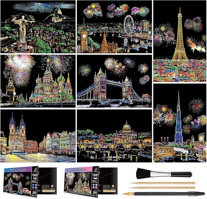 Scratch Art for Kids & Adults, Rainbow Engraving Painting Landscape Scratchboard(A4) Crafts Set: 8 Sheets 4 tools - Fireworks, Big Ben, Tower Bridge, Cristo Redentor, Ferris Wheel(Landmark Building)