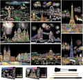 Scratch Art for Kids & Adults, Rainbow Engraving Painting Landscape Scratchboard(A4) Crafts Set: 8 Sheets 4 tools - Fireworks, Big Ben, Tower Bridge, Cristo Redentor, Ferris Wheel(Landmark Building)