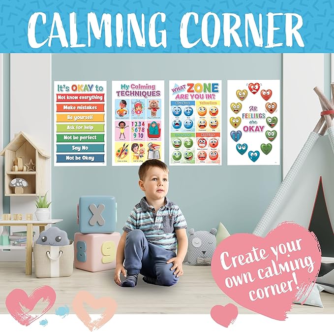 DeeDee's Workshop 4 Feelings Chart For Kids, Zones of Regulation Poster, Emotions Poster, Emotion Chart for Kids, Emotional Regulation, Set of 4 (11 x 17 inches)