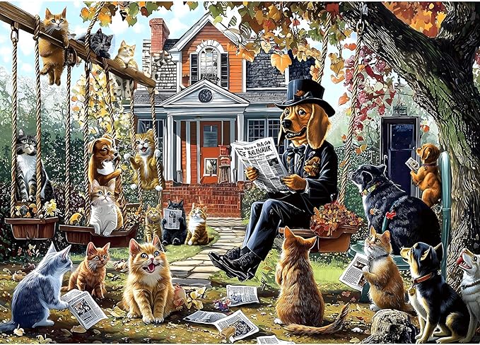 Cats and Dogs 1000 Piece Puzzle for Adults Unique Fall Scene with Victorian House Jigsaw Puzzles for Adults 1000 Pieces Family Challenging Puzzle (27.5"x19.6")