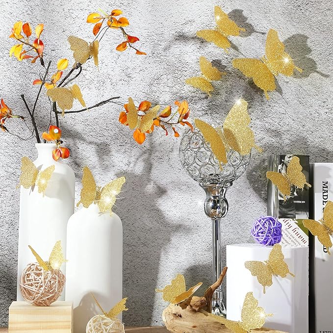 BBTO 48 Pieces Butterfly Wall Decor DIY Mirror 3D Butterfly Stickers Removable Decals for Home Bedroom School Bathroom Living Room Decor(Glitter Gold)