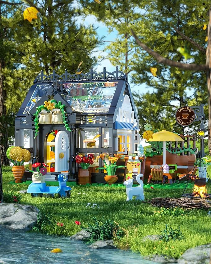 Flower House Building Set, Coffee Shop Outdoor Parasol and Piano Building Kits with Lights, Greenhouse Model Halloween for Girls, Home Decor Office Coffee Bar Display