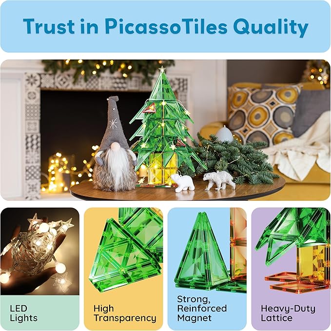 PicassoTiles 106pc Magnetic Tiles LED Light-Up Tree Toy Holiday STEM Toys for Kids Educational Magnet Building Blocks Gift for Toddlers Boys Girls Christmas Montessori Puzzle Play Set Ages 3+ PT106
