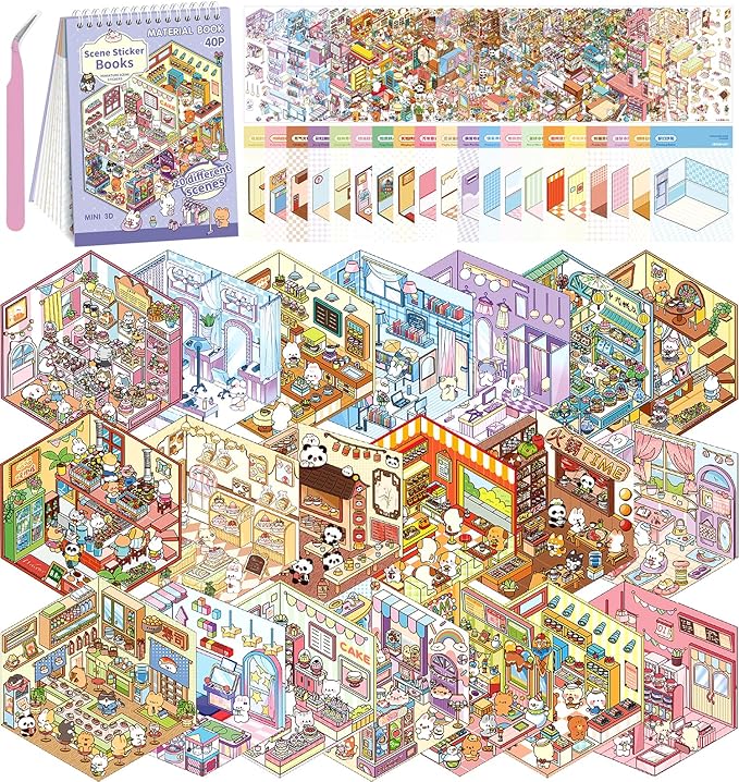 DIY 3D House Stickers, 4 Sets Fun DIY Stickers Scene Make Your Own Mini House Cute Cartoon Animal Scene Stickers for Kids Adult Sticker Art Relief Stress Pass The Time-20 Sets