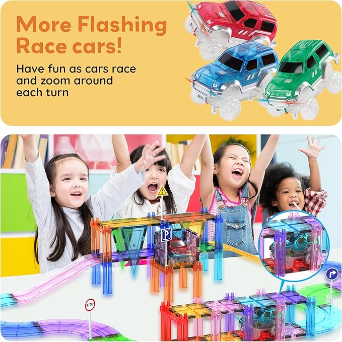 PicassoTiles 3 Magnetic Toy Cars Set Light Up LED Highly Detailed Compatible with Magnet Car Race Track STEM Truck Replacement Accessories Educational Building Kits for Toddlers Boys & Girls Ages 3+