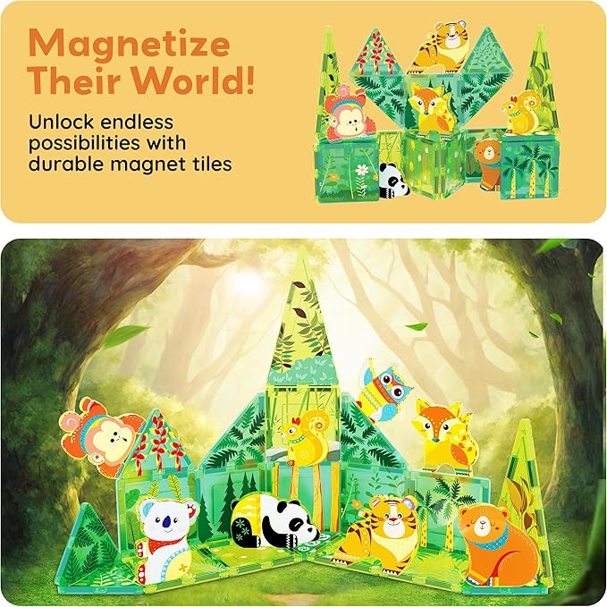 PicassoTiles Magnet Tile Building Blocks Forest Animal Themed Playset with 8 Character Action Figures Educational STEM Learning Construction Kit Pretend Play Magnetic Tiles Toddler Kids Ages 3+ PTQ26