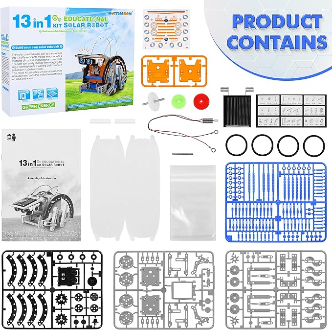 Bottleboom STEM 13-in-1 Education Solar Power Robots Toys for Boys Age 8-12, Educational Toy Science Kits for Kids Experiment Robotics Set Birthday Gifts for 8 9 10 11 12 Years Old-Green