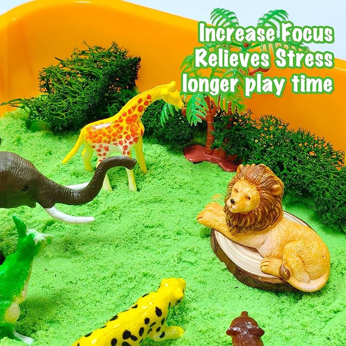 Jungle Sensory bin,Safari Animal Figures Playset Toys,Wild Forest Sandbox,Desert Animals Play Sand Set with Sensory Sand,Zoo Animal Figurines,Jungle Adventure Play Kit for Kids 3 4 5 6 7