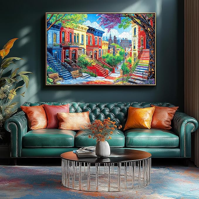 Colorful City Street 1000-Piece Jigsaw Puzzle for Adults - Vibrant Urban Brownstone Scene with Blooming Trees - Challenging Puzzle Games for Adults & Family Game Night (27.6" x 19.7")