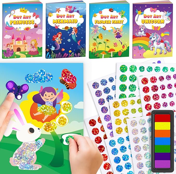 D-FantiX Dot Art Sticker Book Kits with Ink Pad, Mess-Free Finger Painting for Toddlers, Unicorn, Princess, Mermaid, Flower Fairy Arts and Crafts, Kids Travel Activities