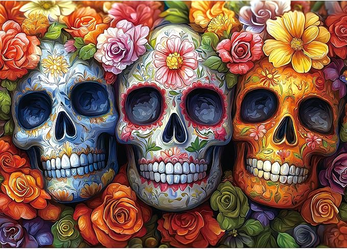 Day of The Dead Sugar Skull Puzzle - 1000 Piece Jigsaw Puzzle for Adults | Halloween & Dia de Los Muertos Decor | Colorful Flower Skeleton Design | Perfect for Family Fun & Gifts