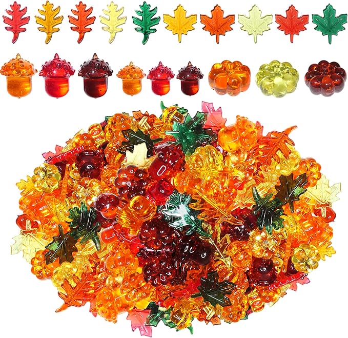 Fall Vase Filler,165 Pcs Acrylic Pumpkin Leaves Acorn Gems Sensory Bin Fillers for Thanksgiving Centerpieces Table Decorations,Table Scatters,Preschool Counting and Thanksgiving Craft