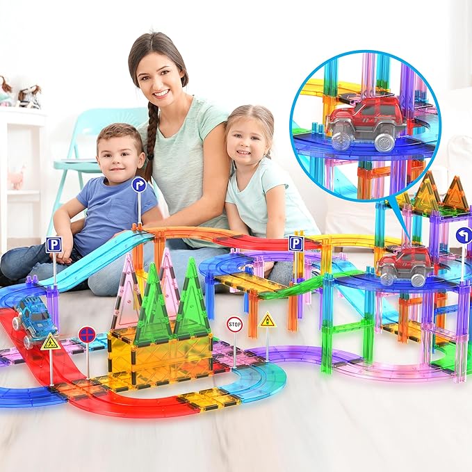 PicassoTiles 3 Magnetic Toy Cars Set Light Up LED Highly Detailed Compatible with Magnet Car Race Track STEM Truck Replacement Accessories Educational Building Kits for Toddlers Boys & Girls Ages 3+