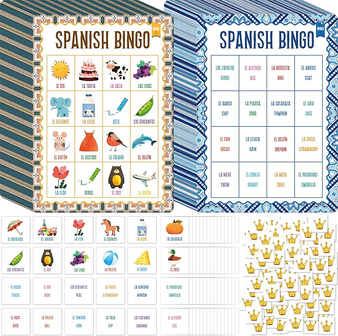 Spanish Bingo Game, 25 Boards for Spanish Vocabulary Bilingual Word Bingo Game Educational Toys for Language Learning - Ages 5 and up (Up to 25 Players)