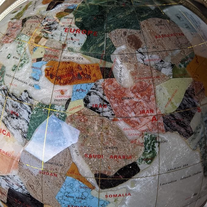 Last one on Earth! 2002 Edition Vintage Unique Art Since 1996 Pearl Swirl Table Top Gemstone World Globe with New Zinc Alloy Stand (2002 Collector Version Pearl Tripod Gold)