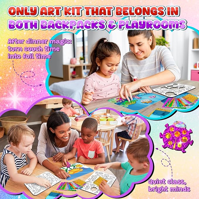 sinceroduct Foil Art Kit for Kids, Foils Arts and Crafts for Kids Age 4-8,Travel Toys Supplies,Foil-Foam Stickers,Birthday Gifts for Boys & Girls,Mess Free Coloring Card Set.