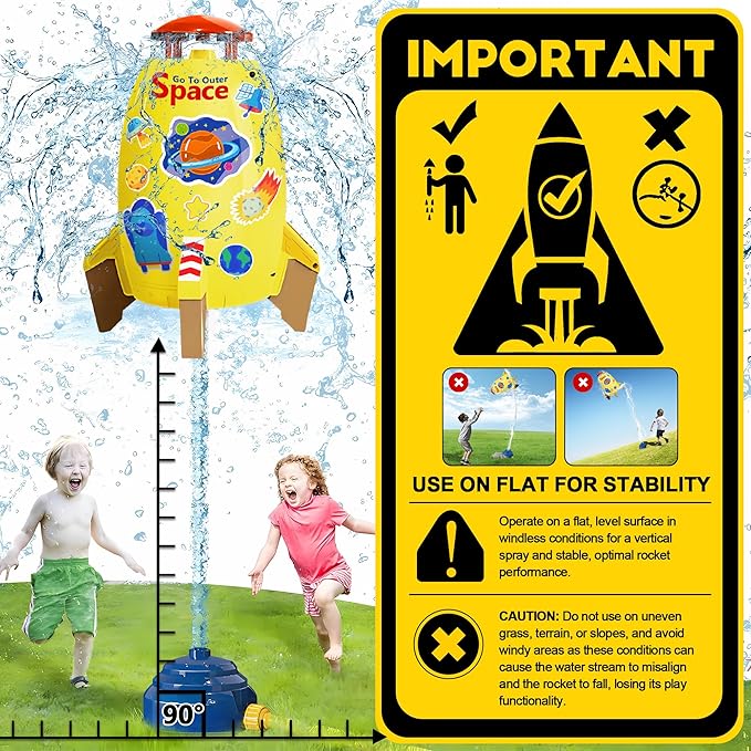 Rocket Sprinkler Toy for Kids, Summer Water Launcher for Backyard Play, Outdoor Lawn Sprinkler Gift for Toddlers and Kids Ages 3 4 5 6 7 8, Easy Setup Water Game with Hose
