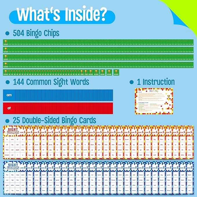 Sight Word Bingo Game, 144 Sight Words Learn to Read Level 1 & Level 2 Bingo Board Game Dolch's & Fry's Words Lists for Kindergarten and Preschool, Grade 1st, 2nd, Kids 4-8 (Up to 25 Players)