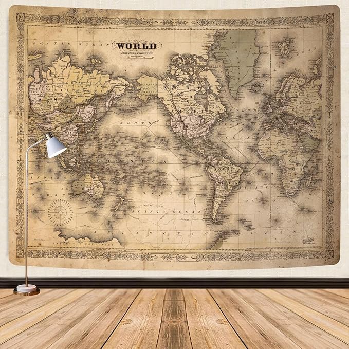 GOAOK Retro Vintage Map World Map Tapestry, 90"x70", Polyester, Wall Mount, Bedroom & Office