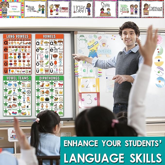 16 English Phonics Posters Language Arts Charts for Kids Toddler Learning Vowels Posters, Phonics Poster for Classroom, Digraphs and Blends Poster, Sound Wall Phonics Chart, Boho Classroom