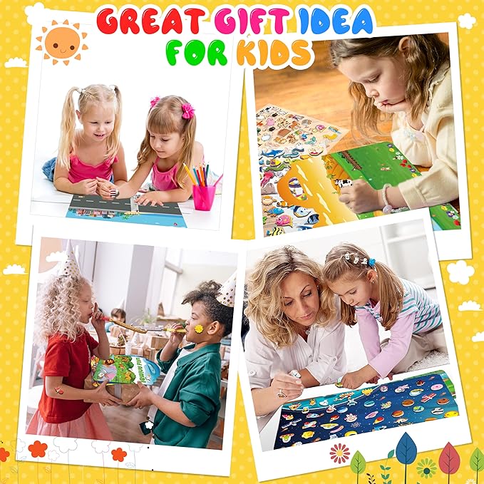 6Set Puffy Sticker Books for Kids, 3D Reusable Stickers Books for Toddlers 3-5,Farm+Animal+Dinosaurs+Ocean World+Space+Vehicle