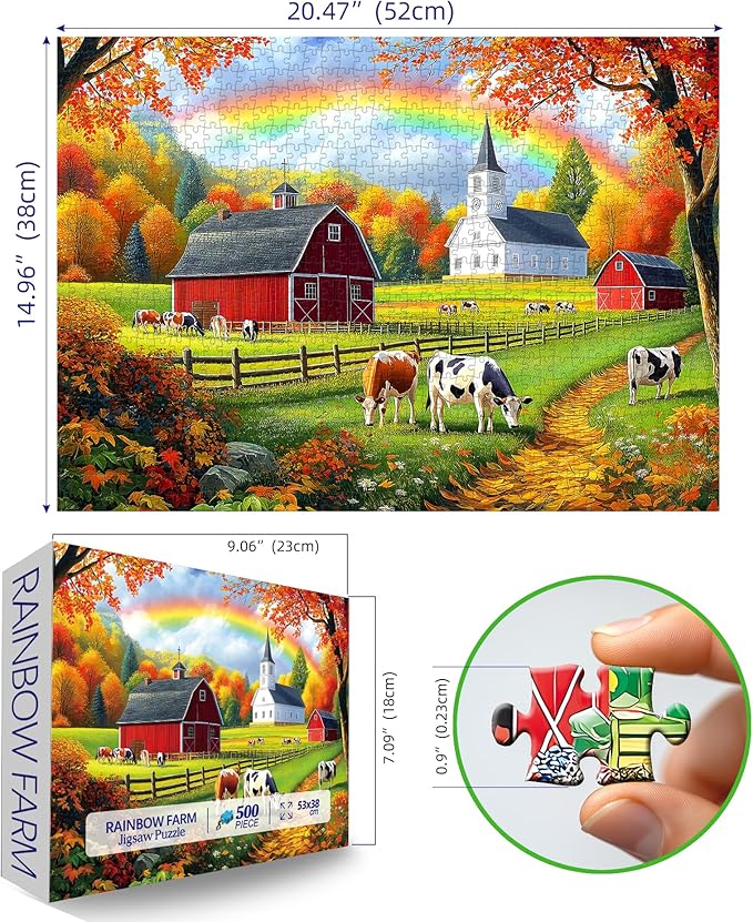 Fall Farm 500 Piece Jigsaw Puzzle for Adults, Brain Challenging Shaped Puzzle for Game Night, Family, Friends