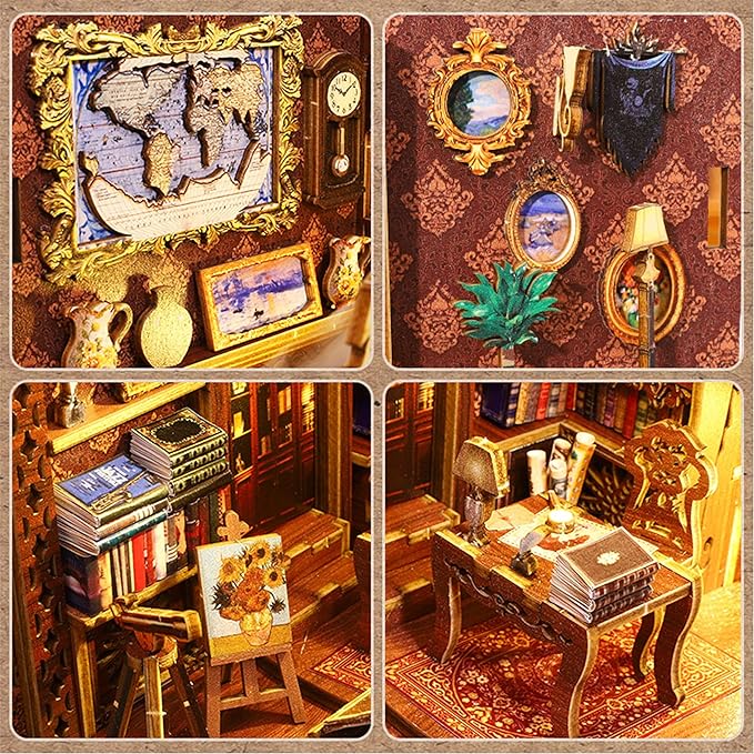 ISSEVE DIY Book Nook Kit, 3D Wooden Puzzle DIY Miniature House Kit for Booknook Shelf Insert Decoration, Magic Book House Stand Bookshelf Dollhouse for Adults with Sensor Light (Library of Books)