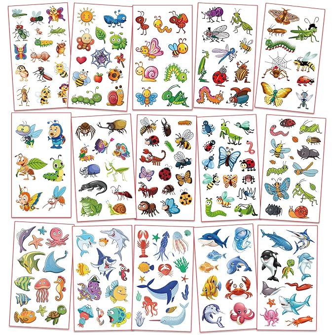 Waterproof Temporary Tattoos For Kids - 350 Pieces | Animals, Insects and Sea Animals | Temporary Tattoo Sheets for Boys | Party Favor for Goody Bags | Non-toxic、Skin-Safe*、Cosmetic-Grade