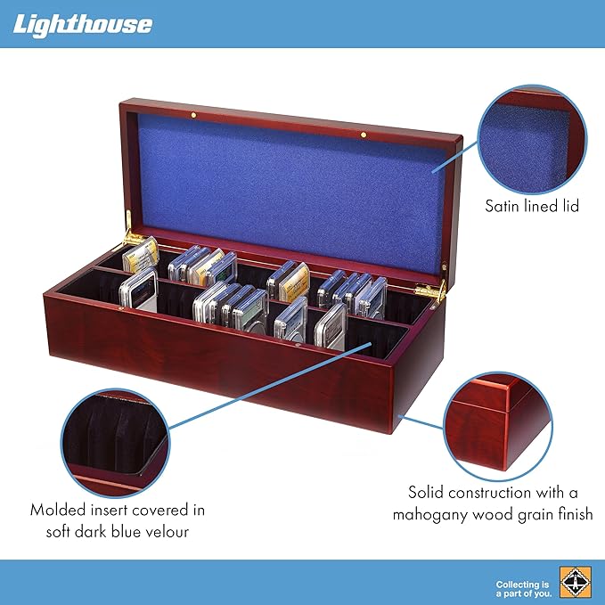 Lighthouse - Coin Box for 50 Slabs - Perfect For Slabs from PCGS, NGC, ANACS, ICG and more - Mahogany Wood Grain Finish