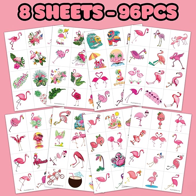 96 PCS Funny Flamingo Pre-Cut Temporary Sticker Summer Tropical Flower Hawaiian Luau Birthday Supplies Gifts Girls Boys Baby Showers Prizes Cute School Reward Themed (Normal)