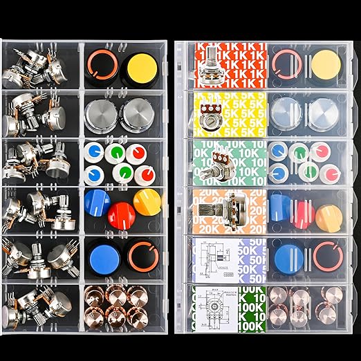 EEEEE 75pcs Potentiometer kit with Rotary knobs 1k 5k 10k 20k 50k 100k Guitar Pedal Potentiometer Assortment kit Potentiometer Linear Rotary (75pcs Potentiiometer with Knobs)