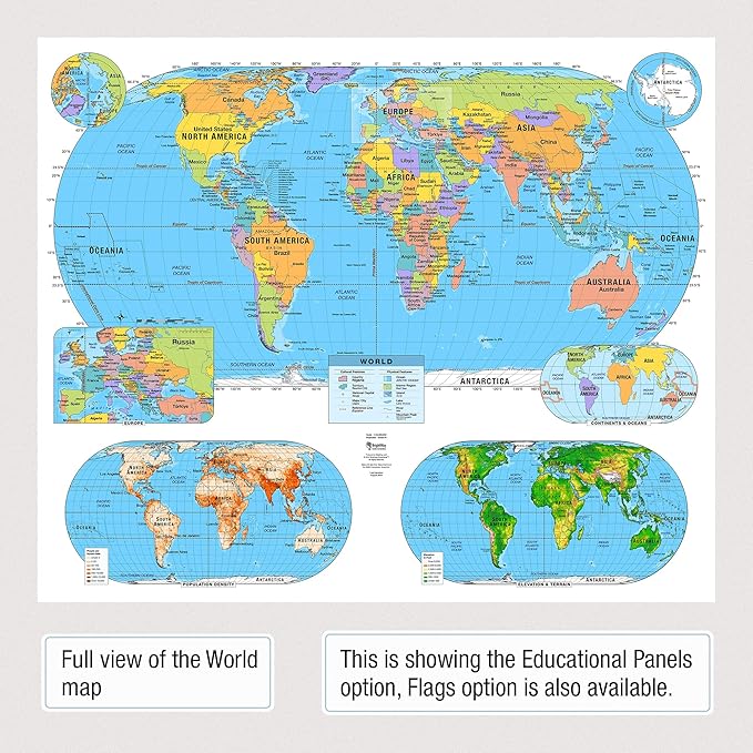 US & World Primary Laminated Classroom Map Pack by BrightWay Educational | 36" x 30" Educational Wall Maps | Grades 1-5 | Bright Colors & Large Fonts | Geographical Features | National Capitals & Major Cities (With Educational Panels)