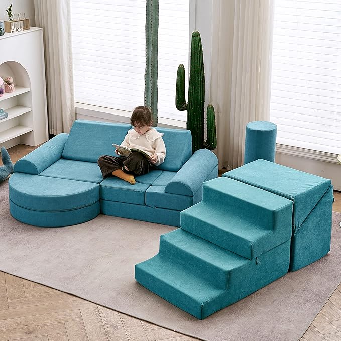 jela Toddlers Climbing Toys Indoor, Toddler Indoor Playset, Safe Soft Foam Climbing Blocks with Slide Stairs, Climbing Toys for Toddlers Luxury Miss Fabric, Soft Couch Slide (Lightblue)