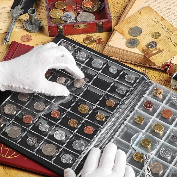 350 Pockets Coin Albums - 35x30 mm/1.3x1.1 inch Pocket Red Coin Book 10 Pages Coin Collection Holder Letter Size Coin Storage Book CS0235RE