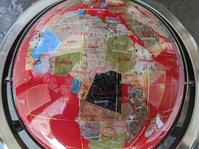 Limited Edition! Unique Art Since 1996 RED Table Top Gemstone World Globe with Tripod Silver Zinc Alloy Stand (220MM/9 INCHES/RED OCEAN)