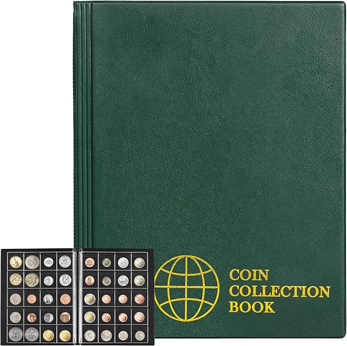 200 Pockets Coin Albums - 45x45 mm/1.8x1.8 inch Pocket Green Coin Book 10 Pages Coin Collection Holder Letter Size Coin Storage Book CS0220GR