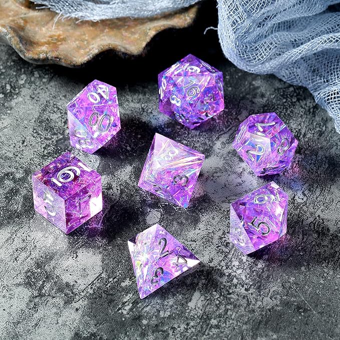 DNDND Sharp Edge Dice Set,Handmade 7 Piece DND Dice with Gift Case for DND Dungeons and Dragon Game (Purple with Silver Number)
