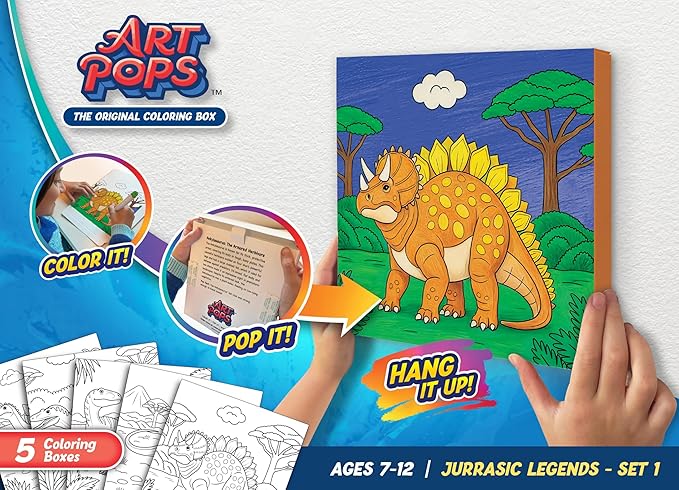 ArtPops Coloring Boxes – Pop-Up Pre-Printed Coloring Box Set – DIY Wall Art Kit for Kids – Eco-Friendly, Easy to Hang, No Frame Needed – 5-Pack, Jurassic Legends