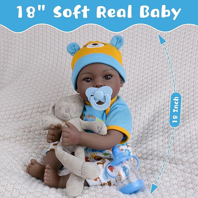 Lifelike Reborn Baby Doll, 18-Inch Realistic African American Baby Dolls Weighted Newborn Boy Doll Soft Cloth Body Real Life Dolls Gift for Kids 3+, Complete with Clothes and Toy Accessories