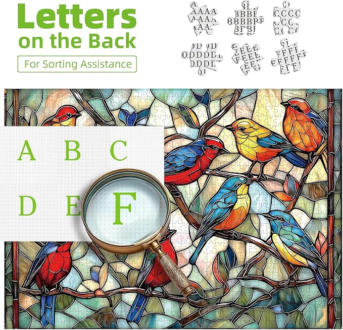 Stained Glass Birds 1000 Piece Puzzle for Adults - Challenging Vintage Window Art Jigsaw Puzzles, Family Game Night Activity, Finished Size 27.6 x 19.7 Inch