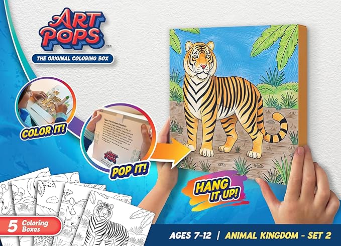 ArtPops Coloring Boxes – Pop-Up Pre-Printed Coloring Box Set – DIY Wall Art Kit for Kids – Eco-Friendly, Easy to Hang, No Frame Needed – 5-Pack, Safari Squad