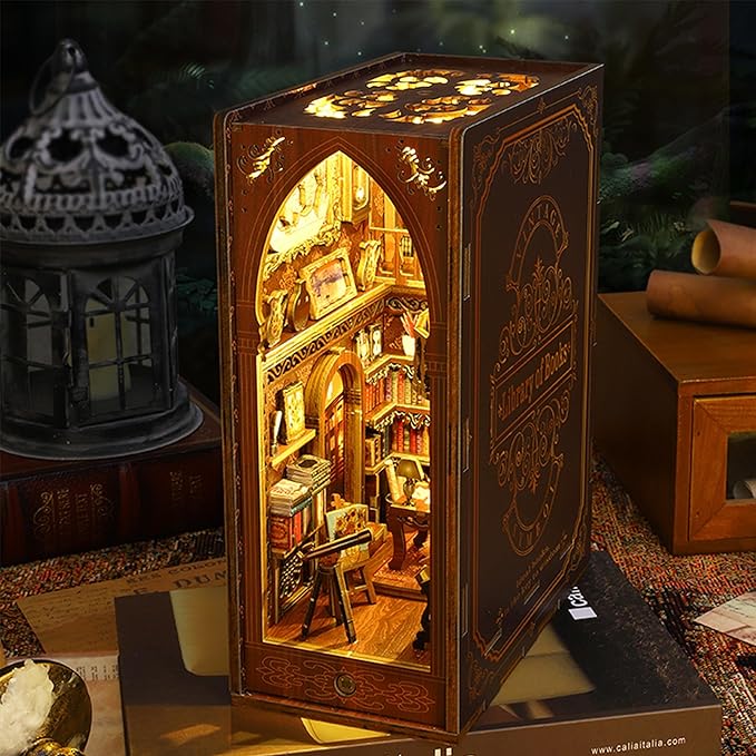 ISSEVE DIY Book Nook Kit, 3D Wooden Puzzle DIY Miniature House Kit for Booknook Shelf Insert Decoration, Magic Book House Stand Bookshelf Dollhouse for Adults with Sensor Light (Library of Books)