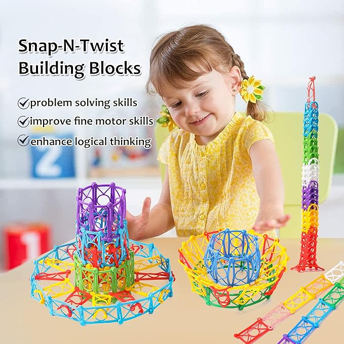 RAINBOW TOYFROG Snap-N-Twist Building Blocks - 270 Piece Set of Flexible Interlocking Math Manipulatives - Open Ended STEM Toys for 5 to 12 Year Old Boys & Girls - Indoor Recess Games for Classroom