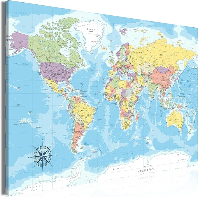 artgeist Pinboard World Map 35x24 in - Cork Board & Canvas Print Wall Art 1 pcs Memoboard with 50 Pins Noticeboard Message Board Image Picture Home Decor Travel Map Map of The World k-C-0128-p-a