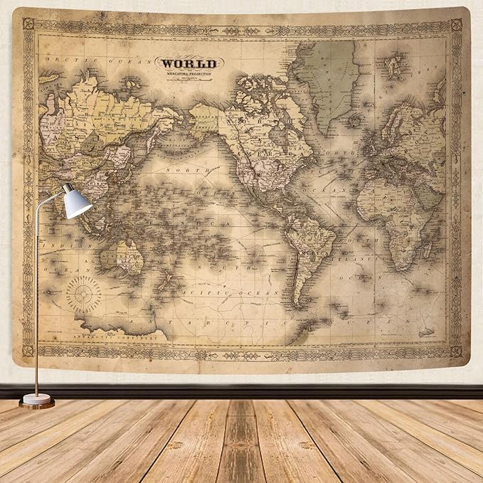 GOAOK Retro Old World Map - Vintage Asian & European Topography - Educational Tapestry for Classroom & Office - Brown Adventure Travel World Map - 60"X40"