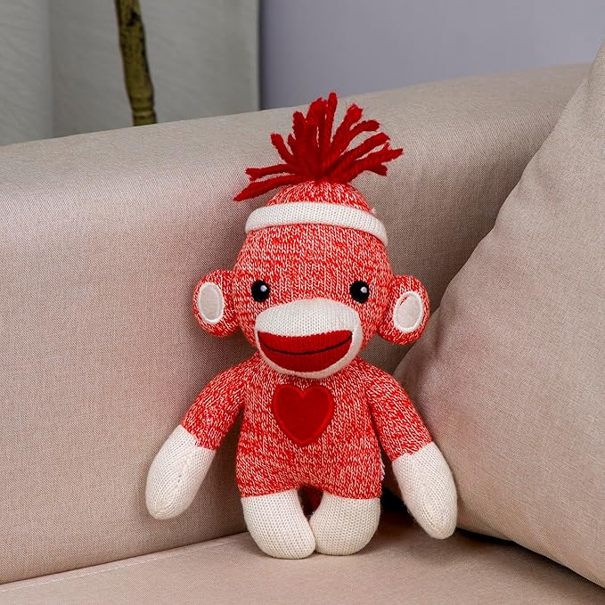 Plushland Adorable Sock Monkey, The Original Traditional Hand Knitted Hot Pink Stuffed Animal Toy Gift-for Girls and Boys Baby Doll Present Puppet 6 Inches