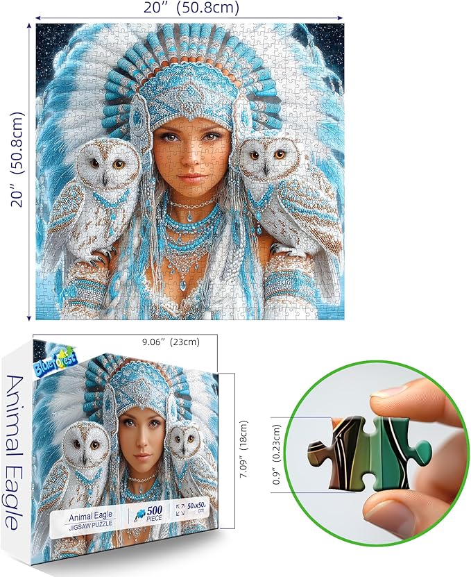 Owl Fantasy 500 Piece Jigsaw Puzzle for Adults - Winter Theme Mystical Art with Snowy Owls & Tribal Beadwork - Challenging Puzzle for Game Night, 20"x20"